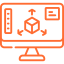 able-closet Orange line drawing of a computer monitor displaying a 3D cube with arrows pointing outward, symbolizing 3D modeling or design software, with interface icons on the screen.