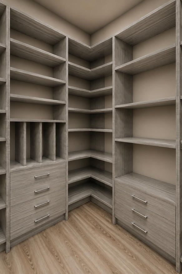 able-closet A built-in walk-in closet with light wood shelves, drawers, and open compartments, arranged in an L-shape against beige walls and a wooden floor. The closet is empty and well-lit.