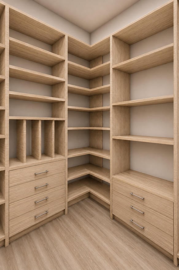 able-closet A modern walk-in closet with light wood shelves, drawers, and compartments, arranged in an L-shape, providing ample storage space in a bright, empty room.
