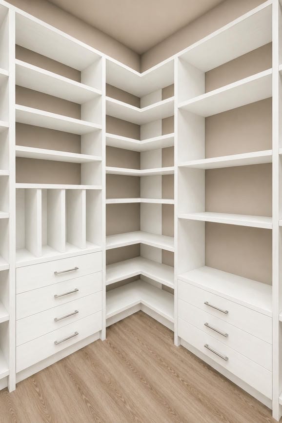 able-closet Corner view of a walk-in closet with white built-in shelves, drawers, and cubby spaces. The shelving units are empty, and the flooring is light wood. The walls and ceiling are beige.