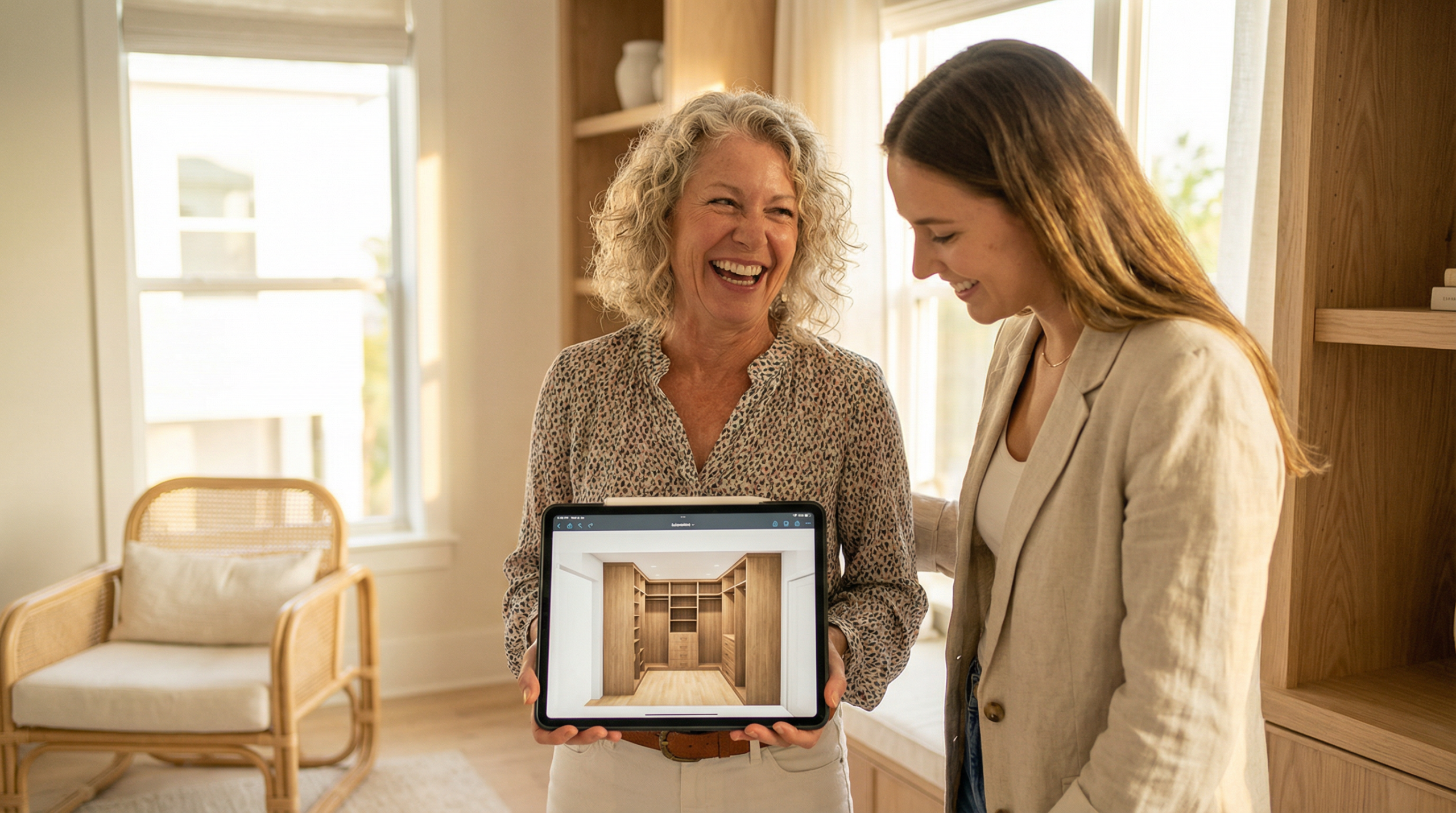 able-closet Two women stand in a bright room. The older woman smiles and holds a tablet displaying an image of a wooden closet. The younger woman stands beside her, looking at the tablet and smiling.