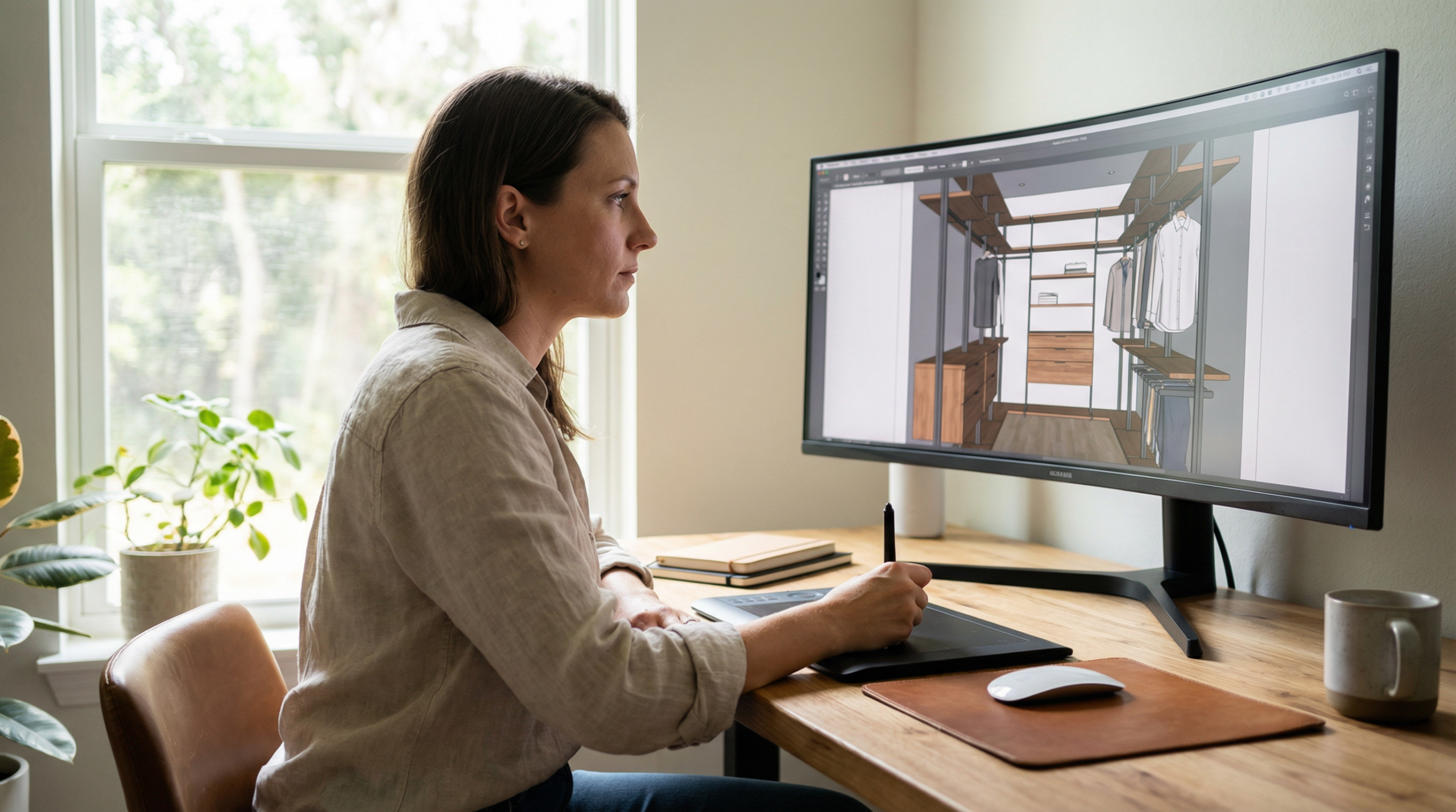 able-closet A person sits at a desk using a digital tablet and stylus, working on a closet design displayed on a large curved monitor. A window with sunlight and a plant are in the background.