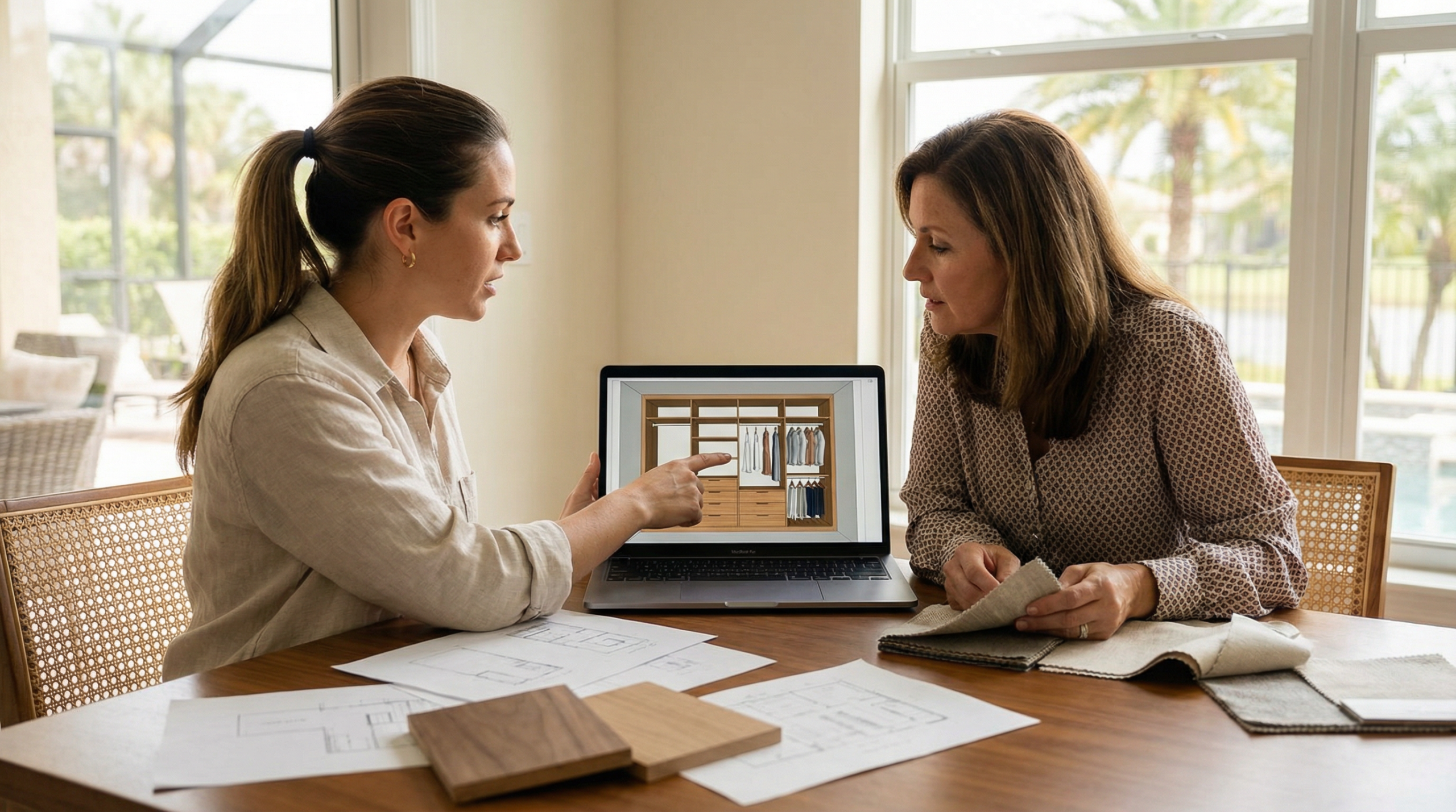 able-closet Two women sit at a table with fabric samples, wood swatches, and floor plans, discussing a window treatment design shown on a laptop in a bright room with large windows and outdoor views.