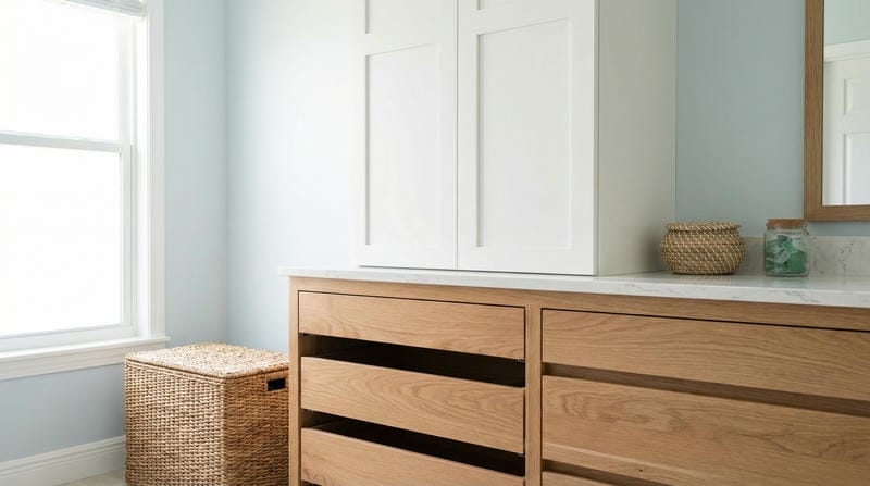 Custom bathroom vanity storage cabinet with drawers and upper cabinets Jensen Beach Florida