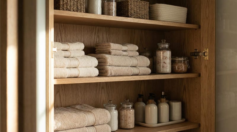 able-closet Wooden shelves neatly stacked with folded beige towels, woven baskets, glass jars filled with bath salts, and bottles with pumps, creating an organized and tidy linen closet or bathroom storage area.