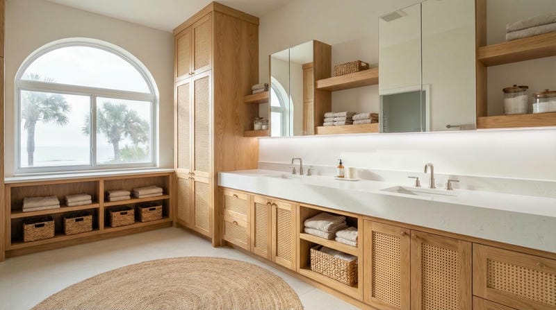 Wide architectural view of complete custom bathroom vanity cabinet system in Florida master bath