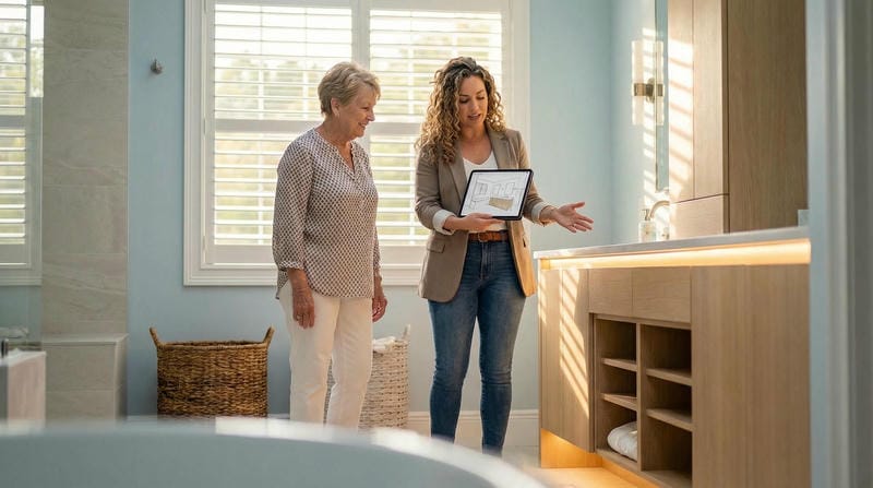 Able Closets designer consulting with homeowner on custom bathroom vanity cabinet design in Florida