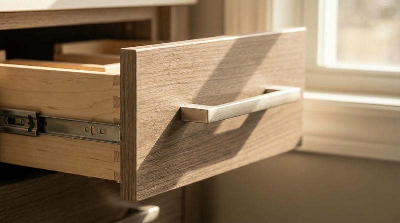Close-up of custom bathroom vanity drawer with premium hardware pull — Able Closets Treasure Coast