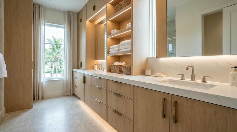 able-closet Modern bathroom with light wood cabinetry, white countertops, open shelves with neatly folded towels and baskets, a large mirror, a sink with silver fixtures, and a window letting in natural light.