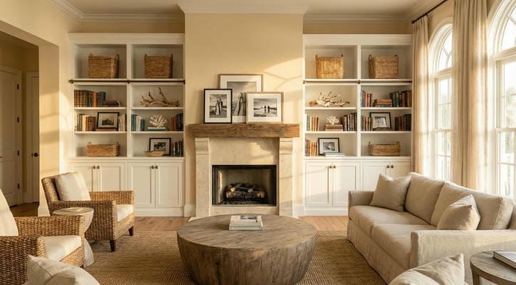able-closet A cozy living room with a stone fireplace, round wooden coffee table, beige sofas and armchairs, and built-in shelves filled with books, baskets, and decor. Large windows let in natural light.