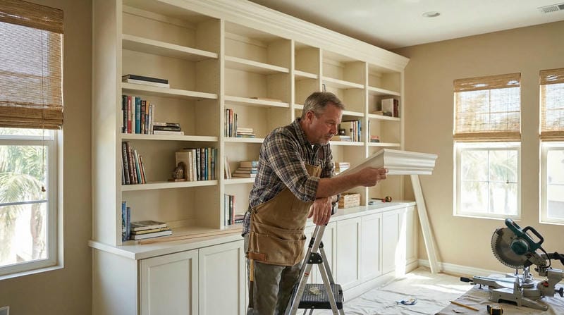 A craftsman installing crown molding on a custom white bookshelf wall in a Florida coastal home, showcasing architectural detail.
