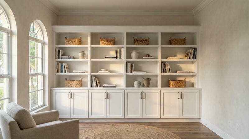 Floor-to-ceiling built-in library wall with adjustable shelves, cabinet storage, and crown molding in Jensen Beach, Florida