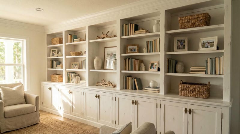 Floor-to-ceiling built-in library wall with adjustable shelves, cabinet storage, and crown molding in Jensen Beach, Florida