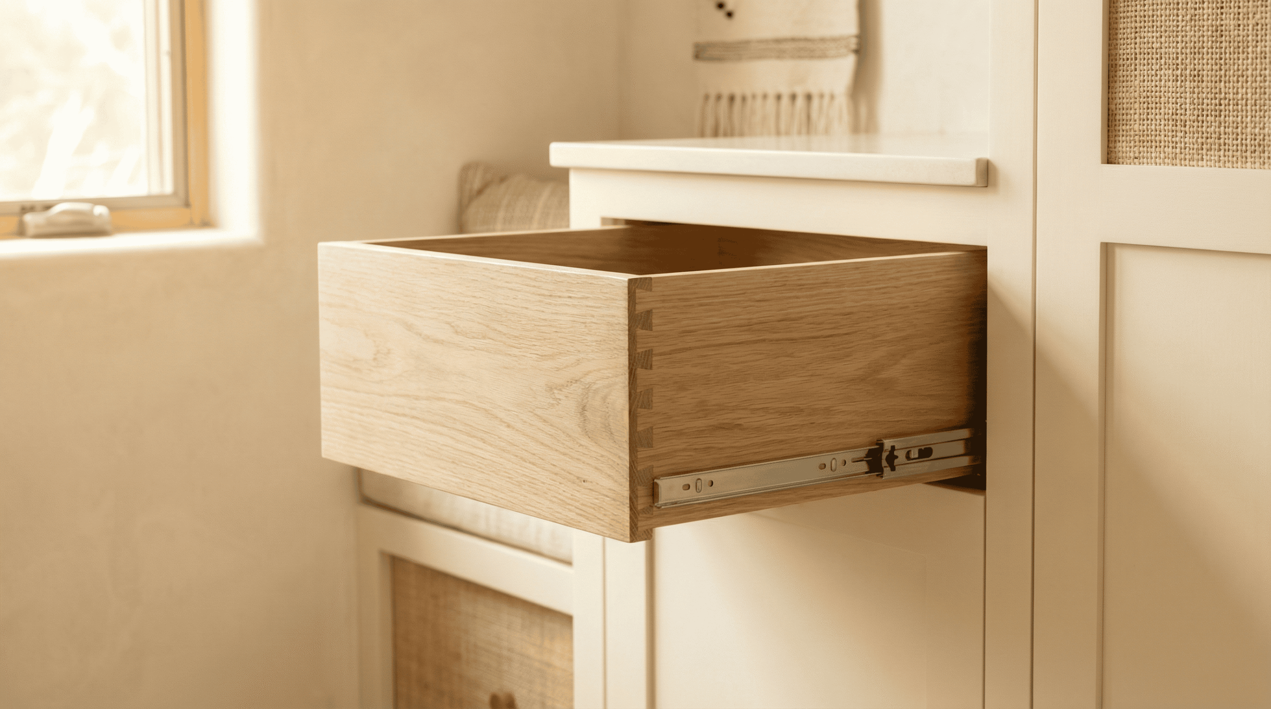 Real wood drawer box with dovetail joints and full-extension slides in custom built-in cabinet by Able Closets Jensen Beach.
