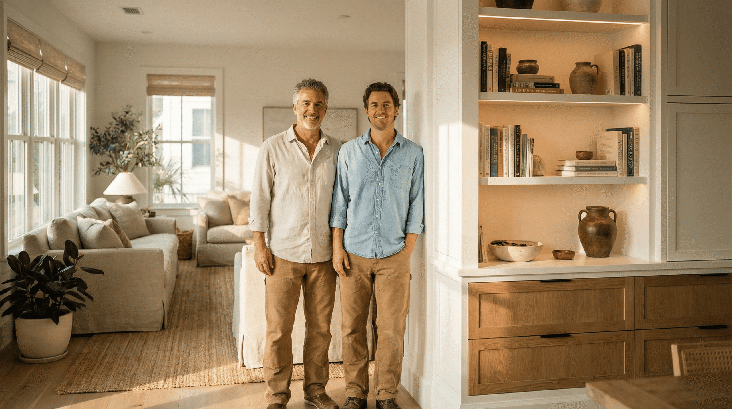 James Dean Sisto and Kyle from Able Closets standing beside custom built-in cabinetry in Jensen Beach