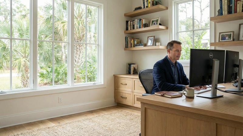 able-closet A man in a blue jacket sits at a desk working on a computer in a bright home office with large windows, wooden shelves with books, and greenery visible outside.