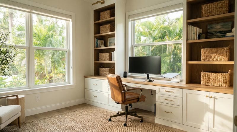 able-closet Bright home office with large windows, a wooden desk, built-in shelves with wicker baskets, books, a computer monitor, a brown leather chair, and lush greenery visible outside.