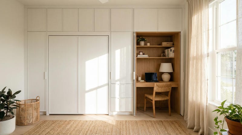 able-closet Minimalist home office with a built-in desk, wooden chair, laptop, lamp, and shelves, surrounded by white cabinets. Large window with sheer curtains lets in natural light. A woven rug and plants add warmth to the space.