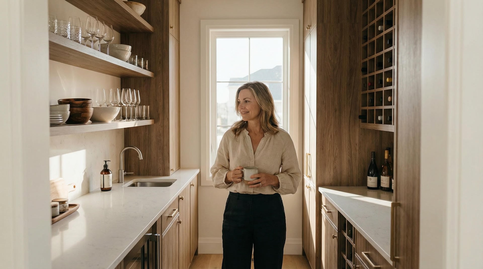 able-closet A woman stands in a modern butler’s pantry with wood cabinets, glassware, wine bottles, and a window letting in natural light. She holds a mug and smiles, wearing a beige blouse and dark pants.