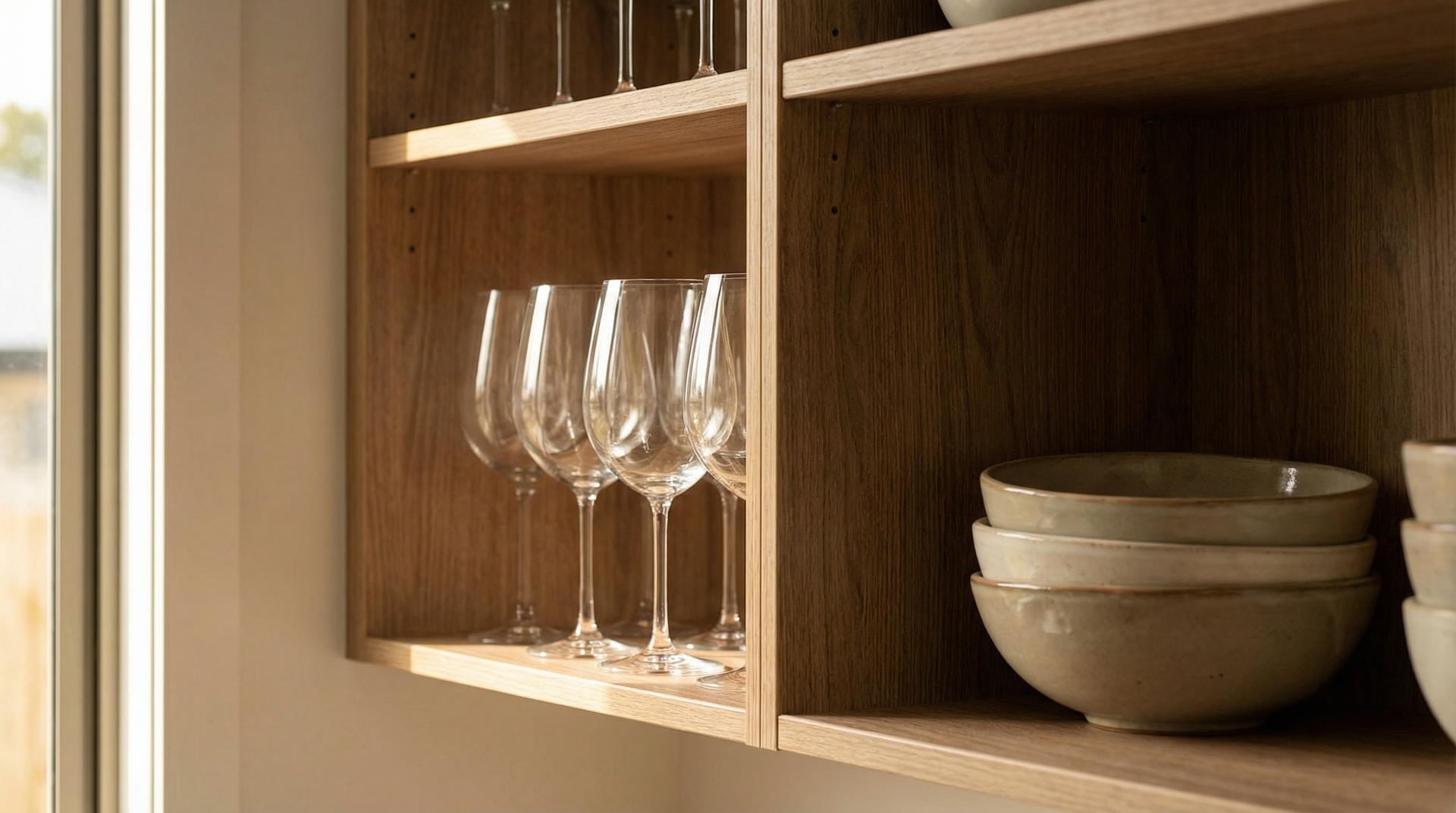 able-closet Four empty wine glasses and a stack of ceramic bowls are arranged neatly on wooden shelves, with natural light coming in from a nearby window.