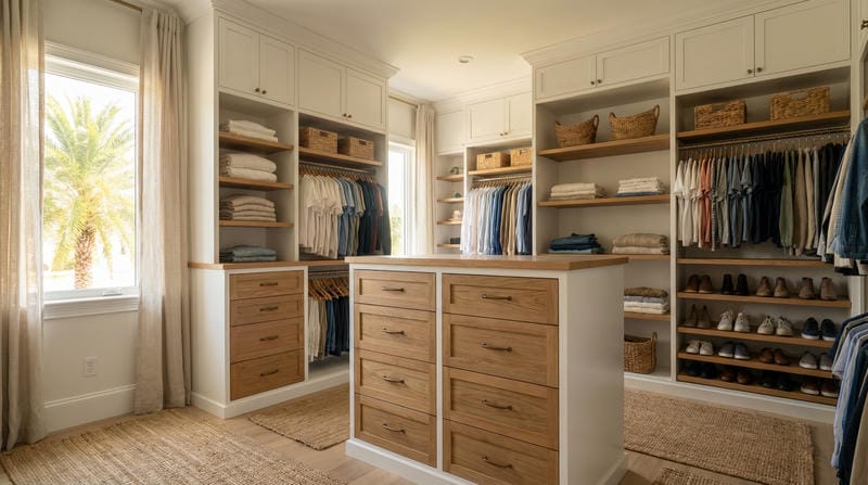A beautifully completed custom walk-in closet with floor-to-ceiling hanging sections, wood drawer towers, and organized shelving.