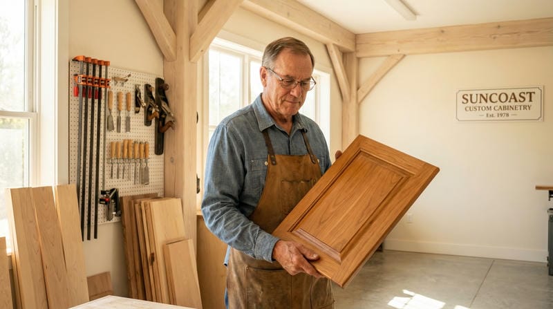 A confident craftsman in a clean workshop, examining a custom cabinet component, showcasing generational craftsmanship and local manufacturing.