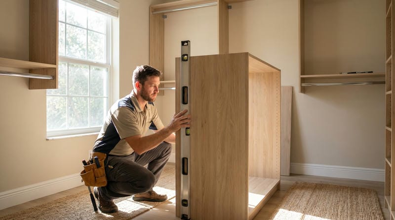 able-closet A man using a level tool installs a wooden shelving unit in a bright, unfinished walk-in closet. He wears a work belt with tools, and sunlight streams through a nearby window onto the neutral-toned room.