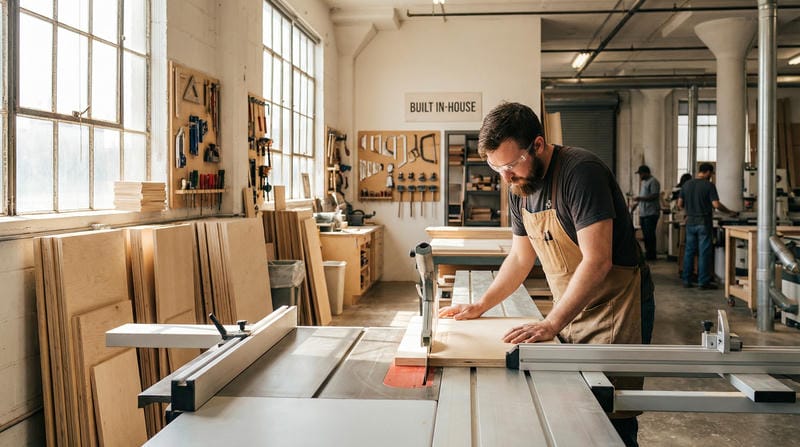 able-closet A man wearing safety glasses and an apron uses a table saw to cut wood in a bright, spacious woodworking shop. Tools and wooden panels are organized on the walls and benches, with large windows letting in natural light.