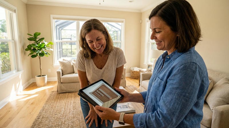Excited homeowner reviews 3D custom closet design on a tablet with a design consultant in a Florida home setting.
