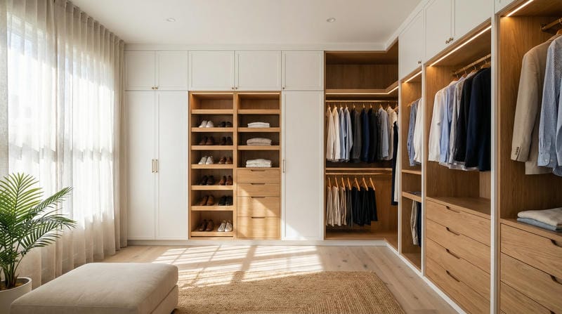 able-closet A spacious, modern walk-in closet with wooden shelves and drawers, neatly organized clothes, shoes, and accessories. Sunlight streams in through sheer curtains, and a potted plant sits by the window on the light wood floor.