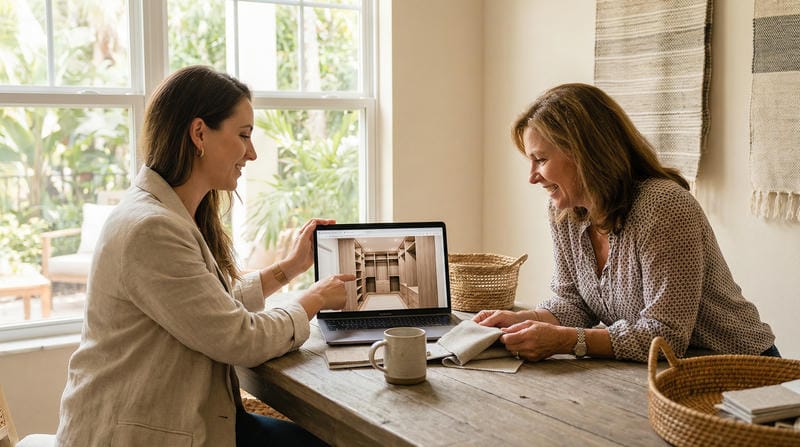 A design consultant and homeowner review a 3D custom closet rendering on a laptop, showcasing a modern walk-in closet design.