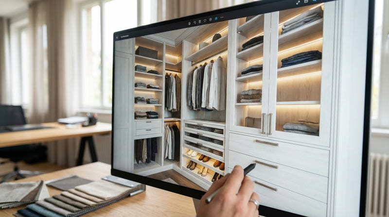 Excited homeowner reviews 3D custom closet design on a tablet with a design consultant in a Florida home setting