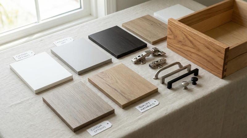 samples including laminate finishes (white, gray, espresso, natural wood), hardware, and a wood drawer box.