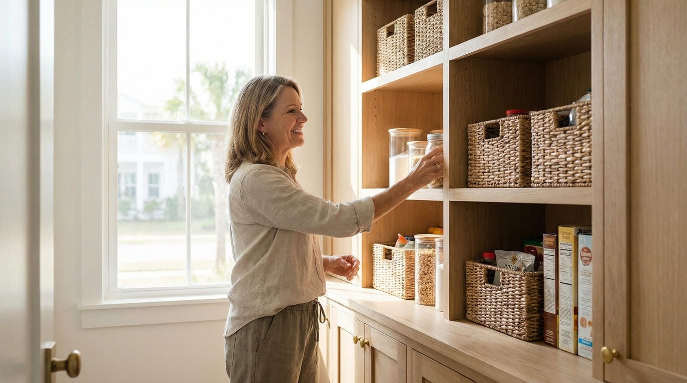 Jensen Beach homeowner smiling while reaching for jar in organized custom walk-in pantry with natural light and Florida neighborhood visible