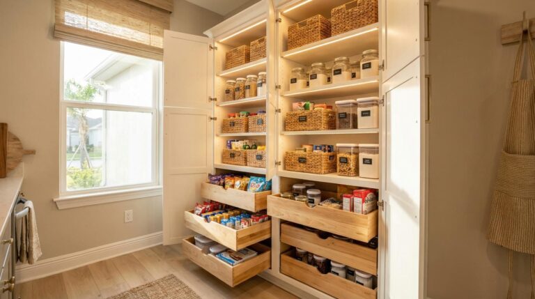 Custom pantry cabinet system with LED lighting, pull-out drawers, labeled baskets, and floor-to-ceiling organization installed by Able Closets Jensen Beach.