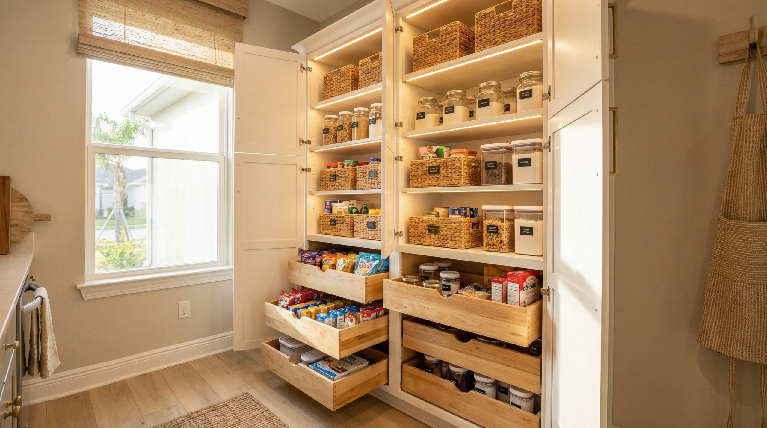 Custom pantry cabinet system with LED lighting, pull-out drawers, labeled baskets, and floor-to-ceiling organization installed by Able Closets Jensen Beach.