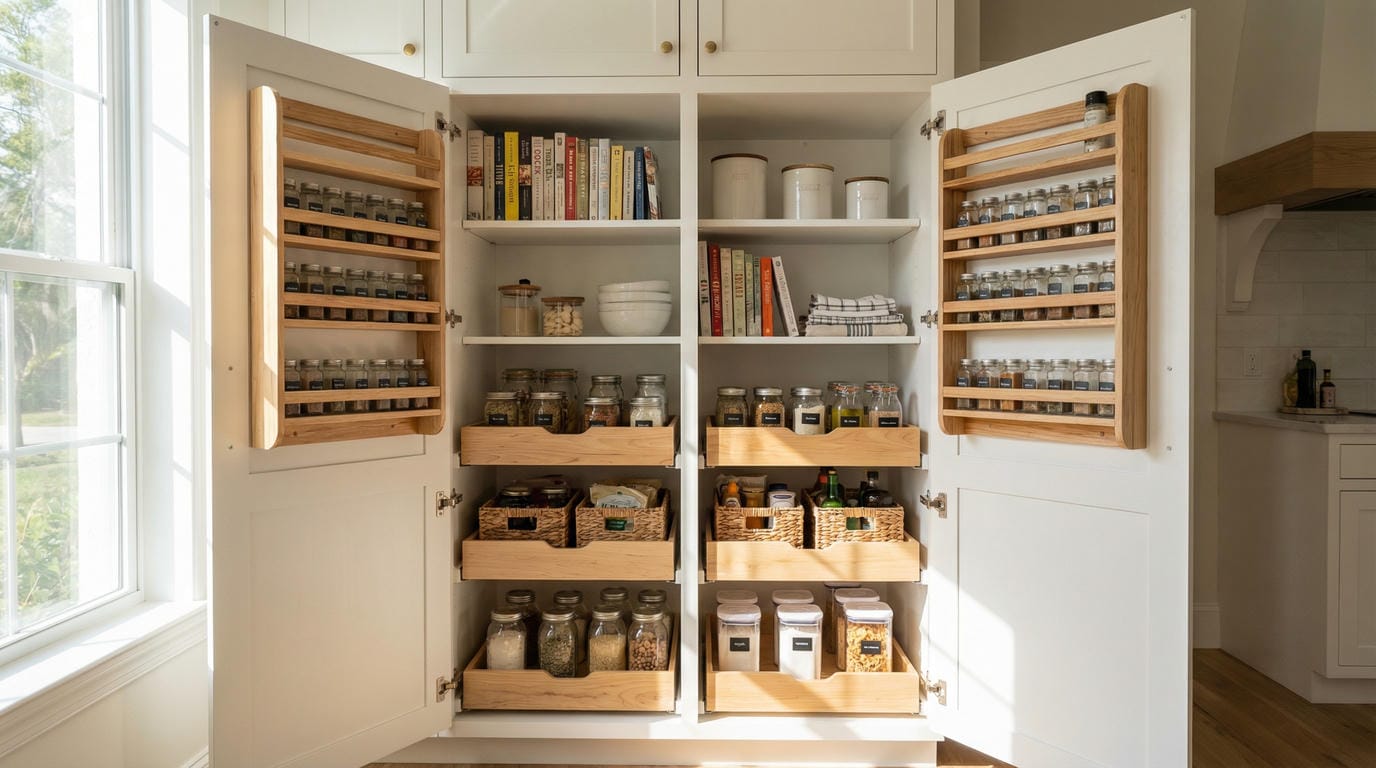 Custom reach-in pantry fully open showing door-mounted spice racks, pull-out drawers, labeled jars, and adjustable shelving by Able Closets Jensen Beach.