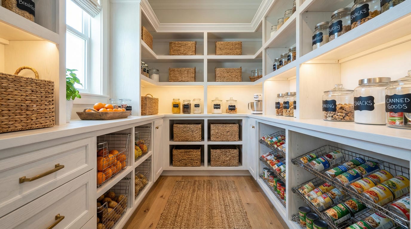 U-shaped walk-in pantry with labeled zones, can organizers, wire baskets, countertop, and floor-to-ceiling shelving designed by Able Closets on the Treasure Coast.