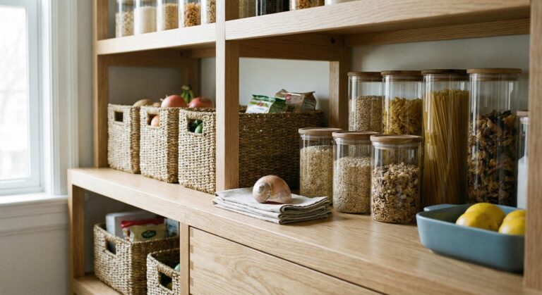 A detailed close-up of an organized custom pantry shelf by Able Closets in Jensen Beach, FL, showcasing high-quality light wood, glass jars, and woven baskets.