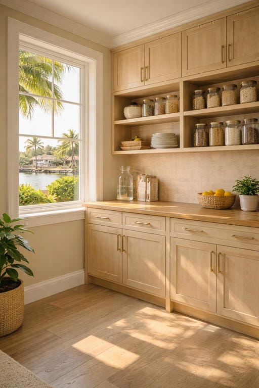 A beautifully organized custom walk-in pantry by Able Closets in a Jensen Beach, FL coastal home, showcasing premium light wood cabinetry and efficient storage solutions.