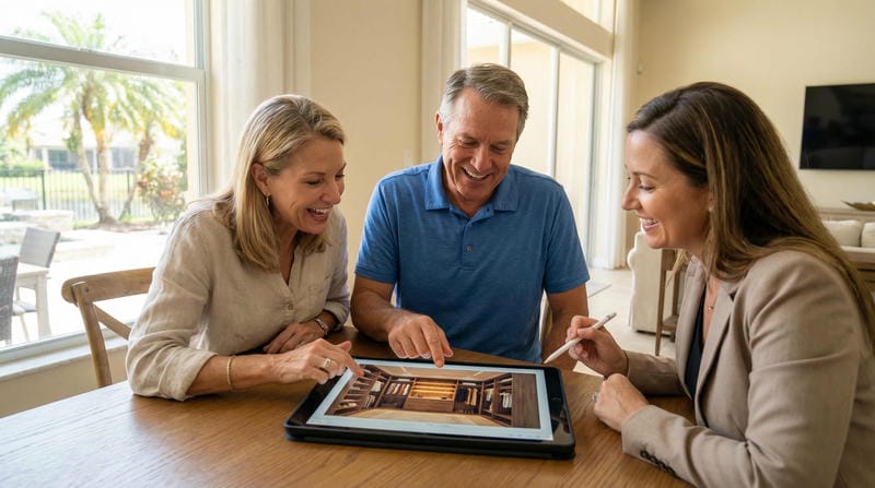 Excited homeowner reviews 3D custom closet design on a tablet with a design consultant in a Florida home setting