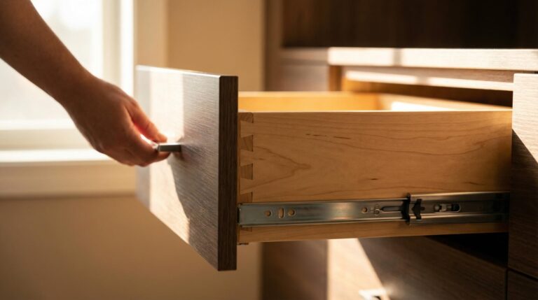Close-up of custom dressing room drawer with soft-close mechanism and real wood grain laminate