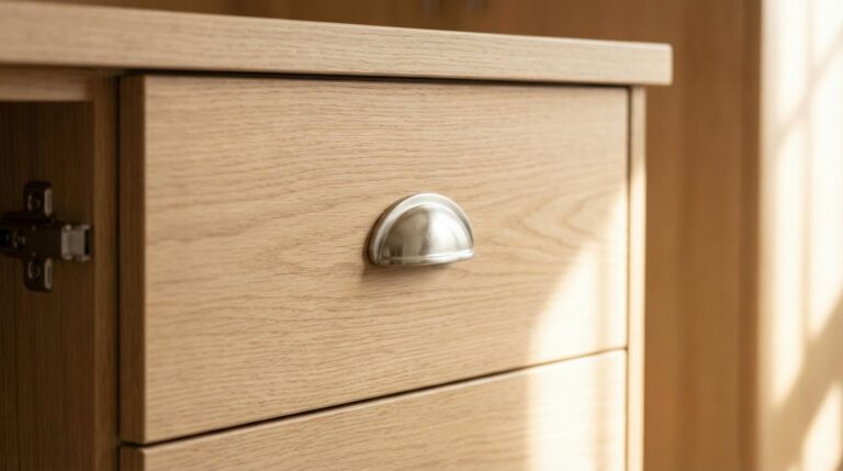 Close-up of custom dressing room island drawer hardware and joinery detail — Able Closets Jensen Beach