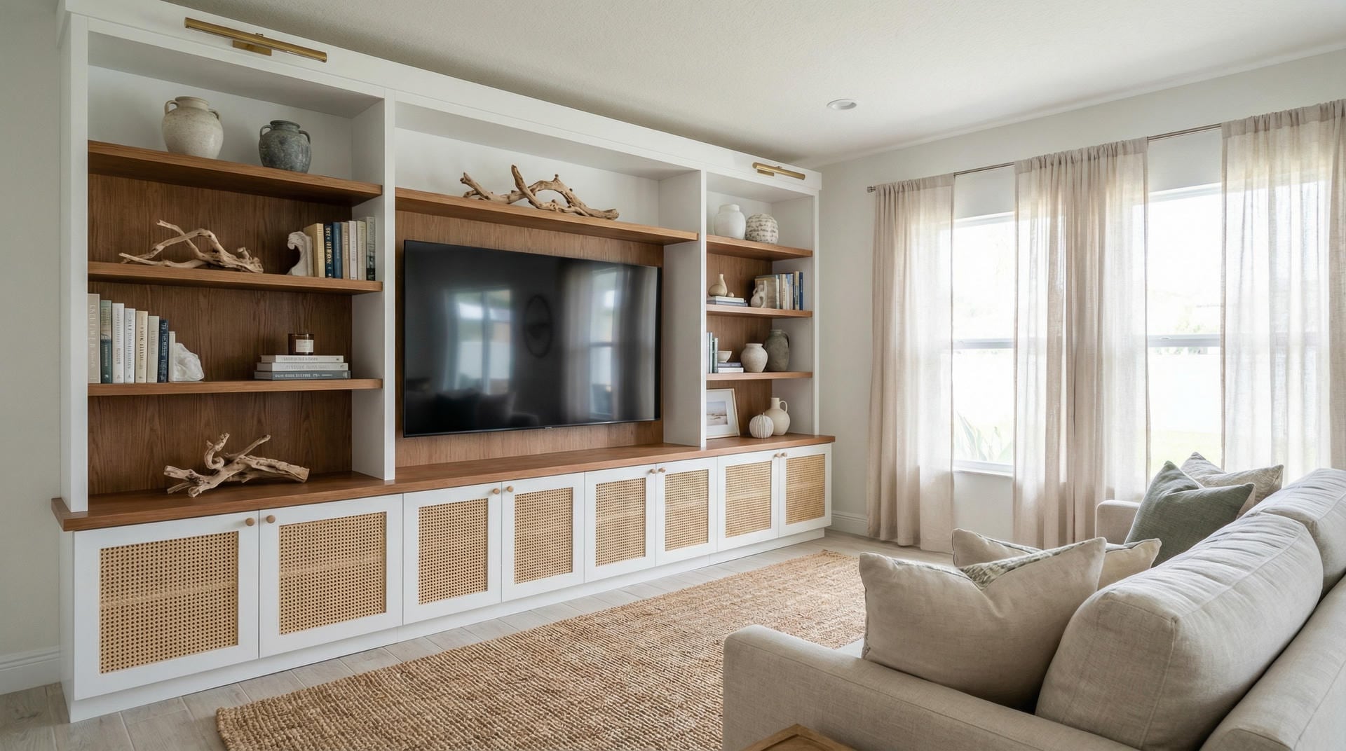 Wide view of complete custom entertainment center wall unit installation in Jensen Beach Florida home