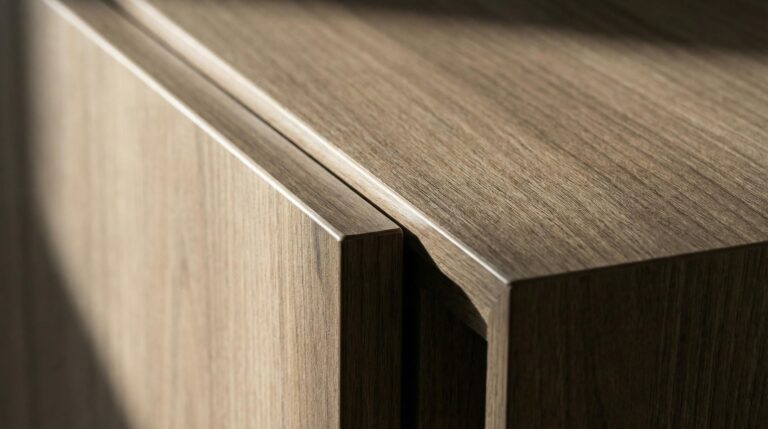 Close-up of 2mm edge banding on custom entertainment center cabinet panel — Able Closets Jensen Beach