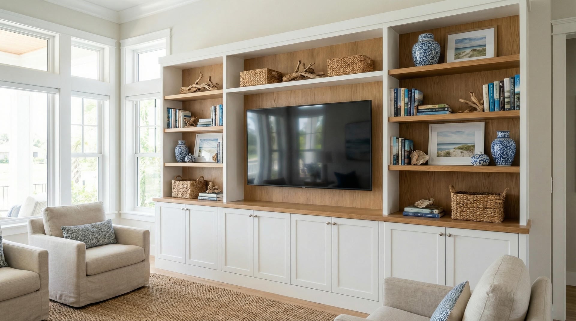 Wide view of complete custom entertainment center wall unit installation in Jensen Beach Florida home