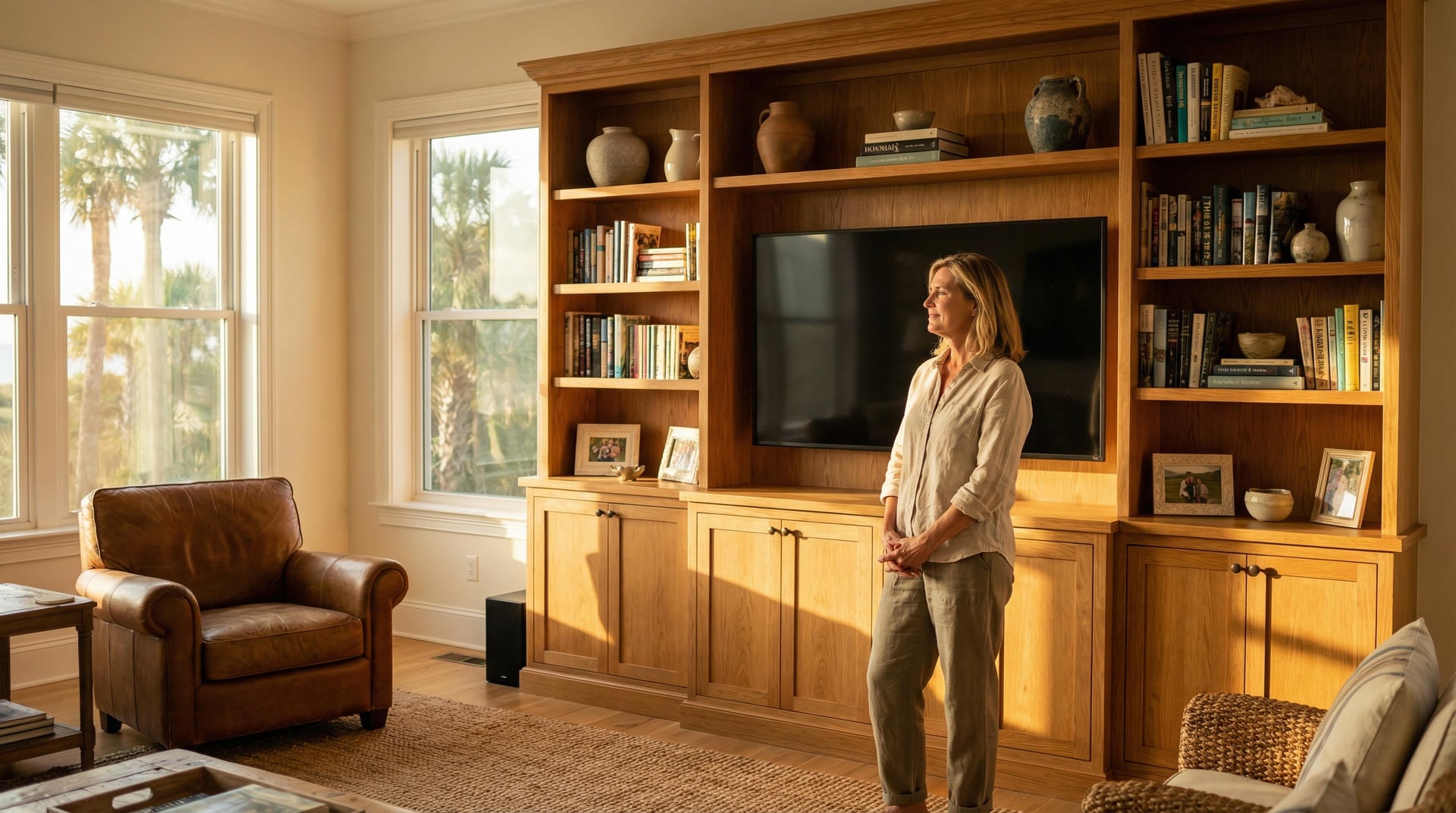 Homeowner admiring their newly installed custom entertainment center wall unit in Jensen Beach living room