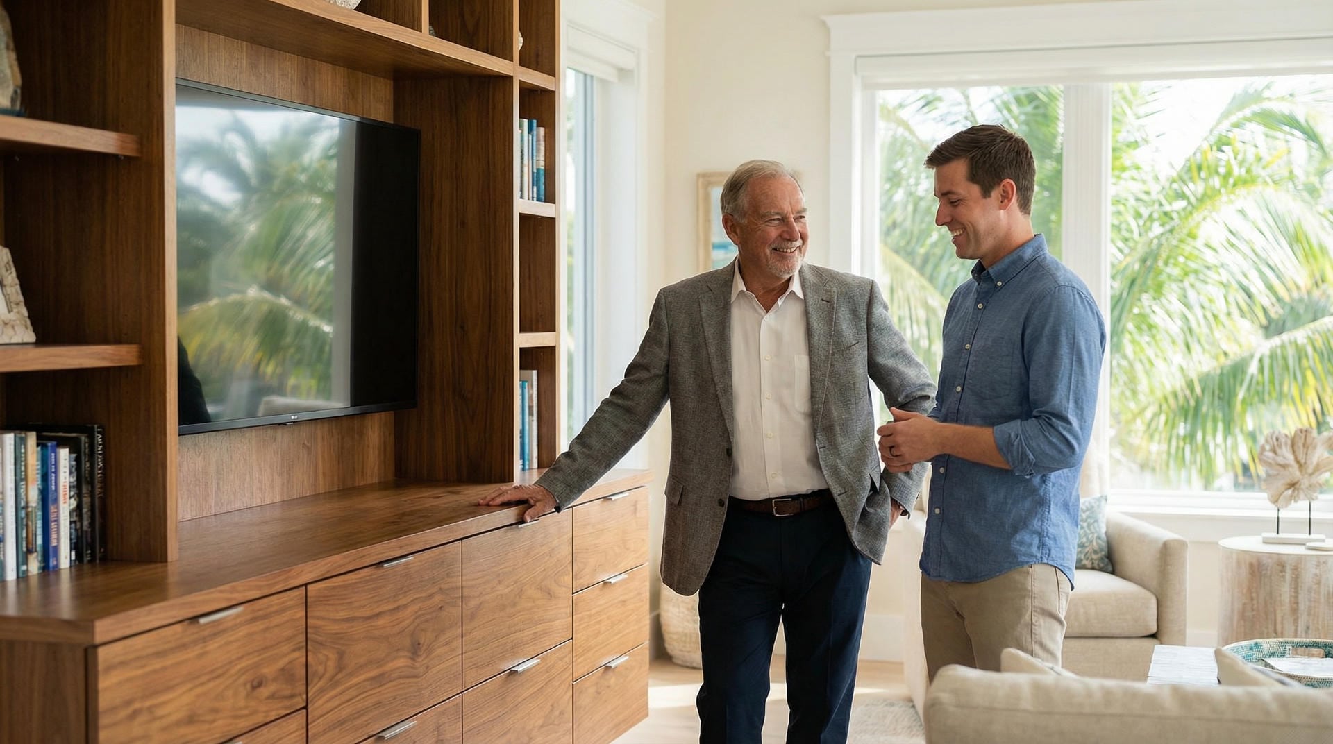 Able Closets owner and installer team reviewing a custom entertainment center design in Jensen Beach, Florida