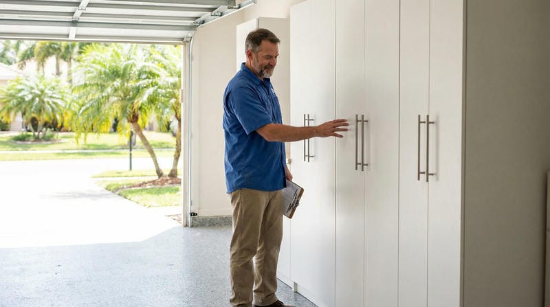Able Closets professional installer checking completed garage cabinet system Treasure Coast