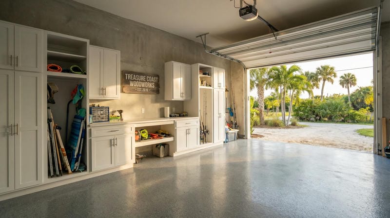 able-closet A clean, organized garage with white cabinets, storage shelves, and woodworking tools along one wall. The garage door is open, revealing a sunny driveway lined with palm trees and lush greenery outside.